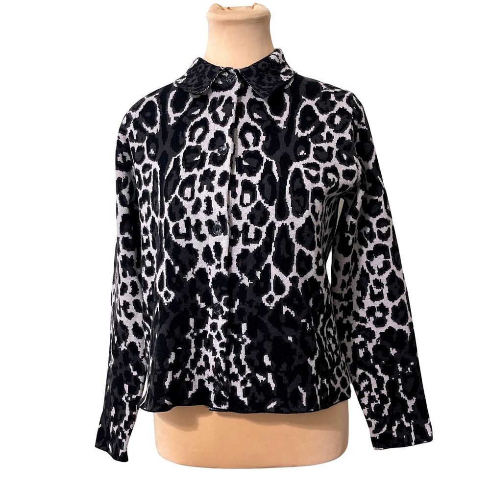 Sioni Leopard Print Knit Cardigan Sweater Small Gray Black Mob Wife Indie Sleeze
